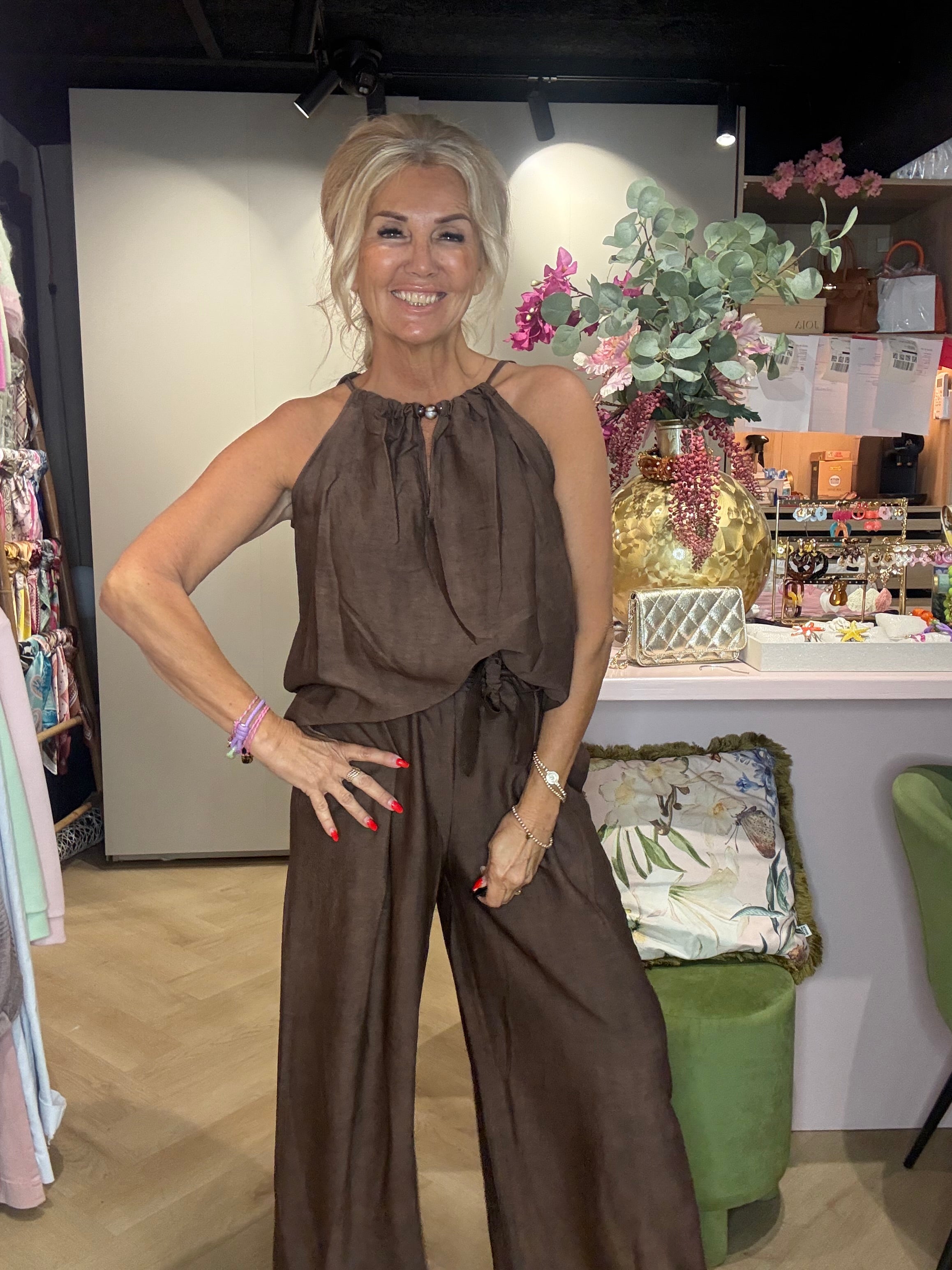 2 Delige set choco bruin 🤎Linnen look Halter model
